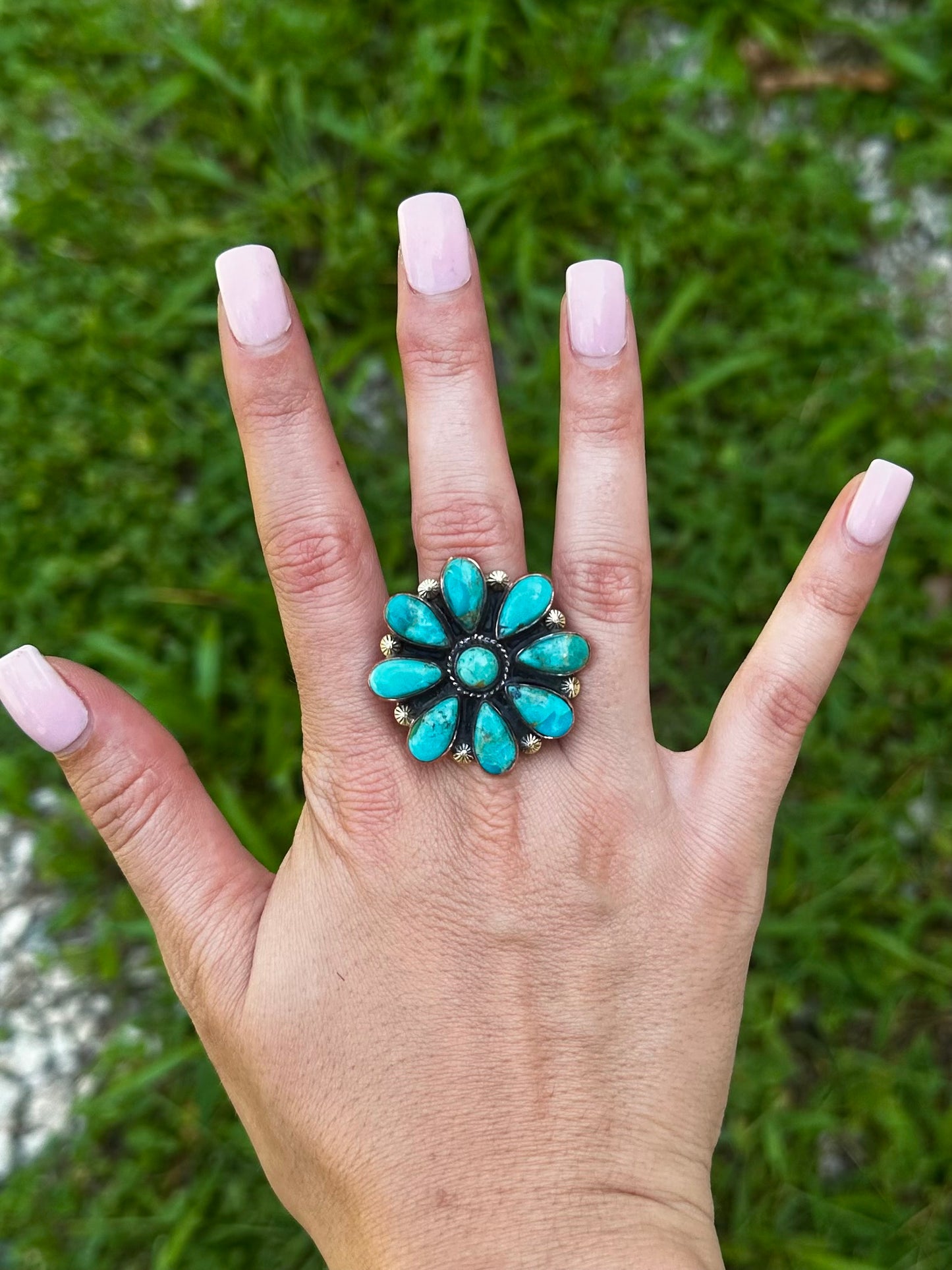 Adjustable Kingman copper flower ring