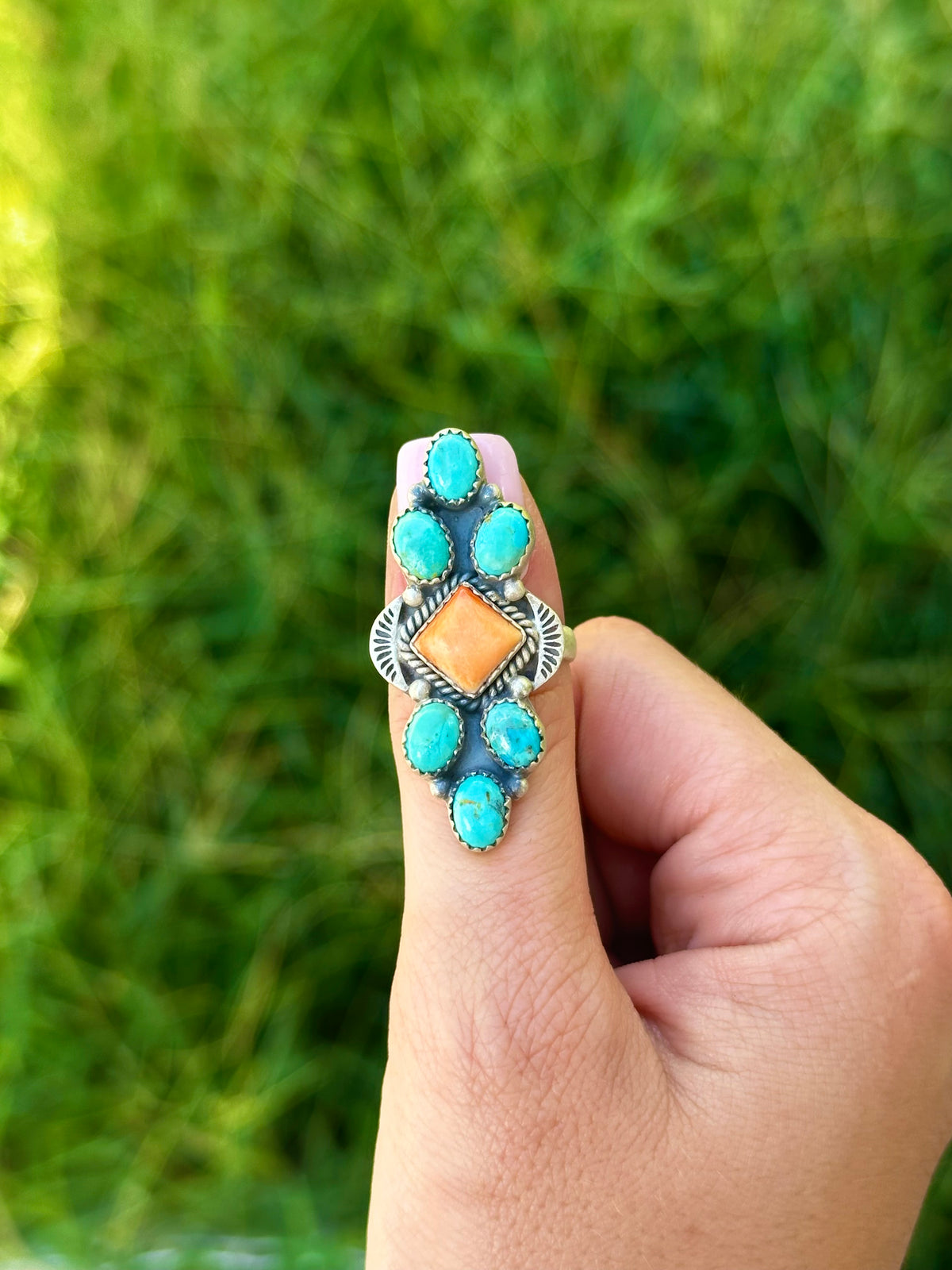 Adjustable turquoise & orange spiny ring