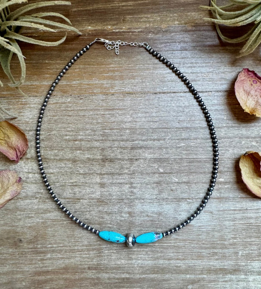 15-Inch Sterling Silver Pearl & Blue Turquoise Torpedo Choker