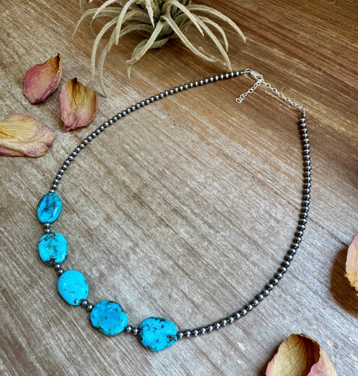 15-Inch Flat Blue Turquoise & Sterling Silver Pearl Choker