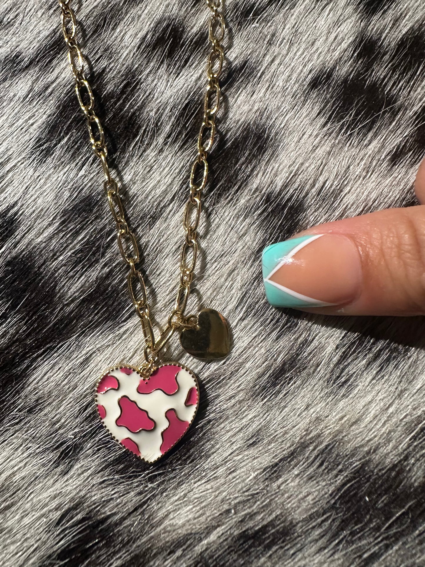 Pink cow print heart necklace
