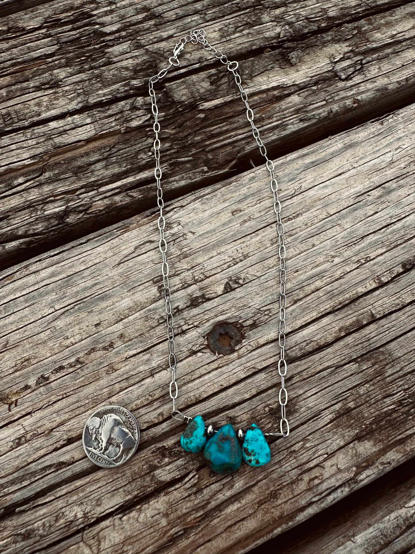 15” Turquoise Teardrop Chain Necklace – Silver Plated Paperclip