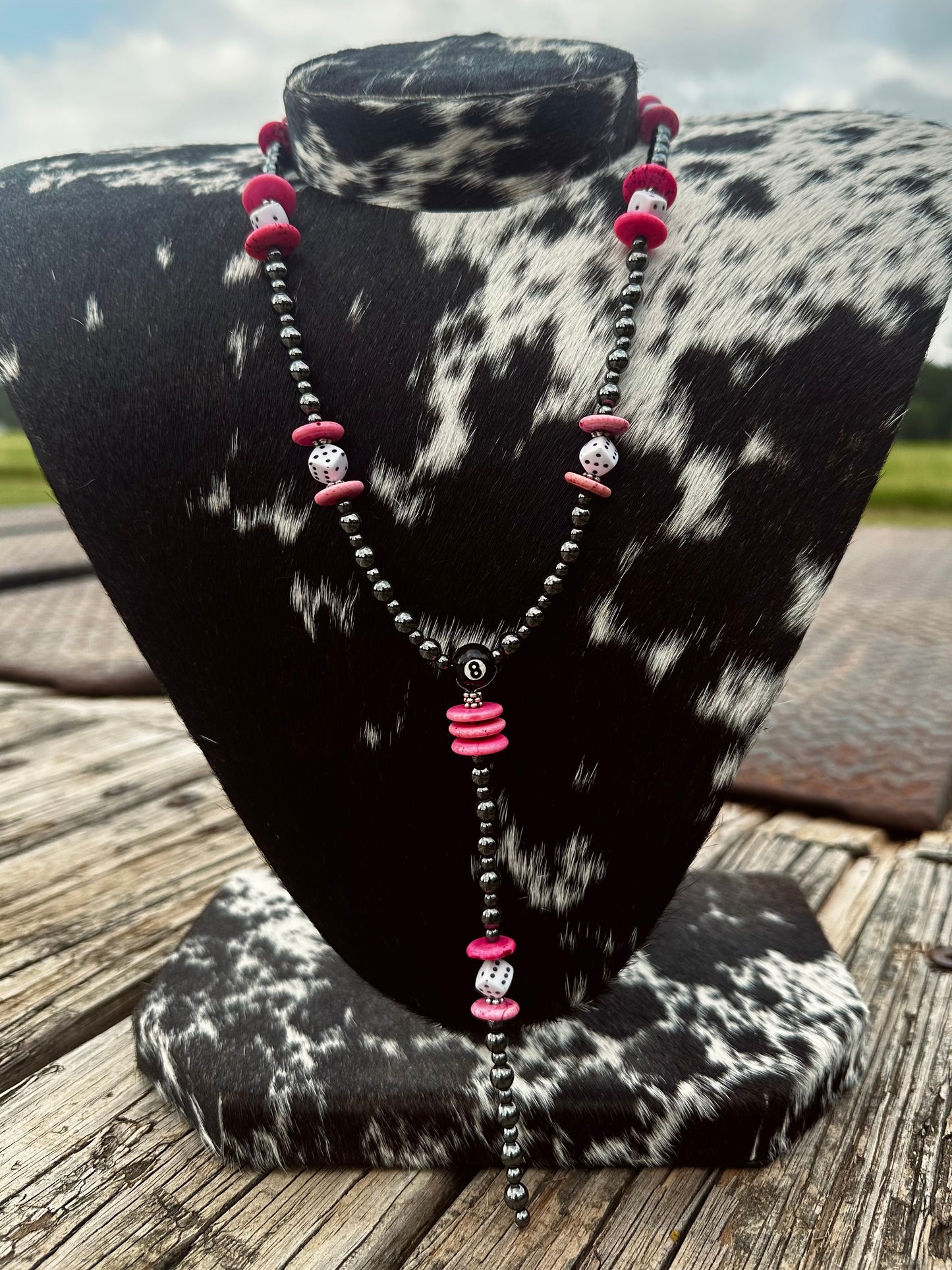 Pink 8 ball & dice lariat necklace
