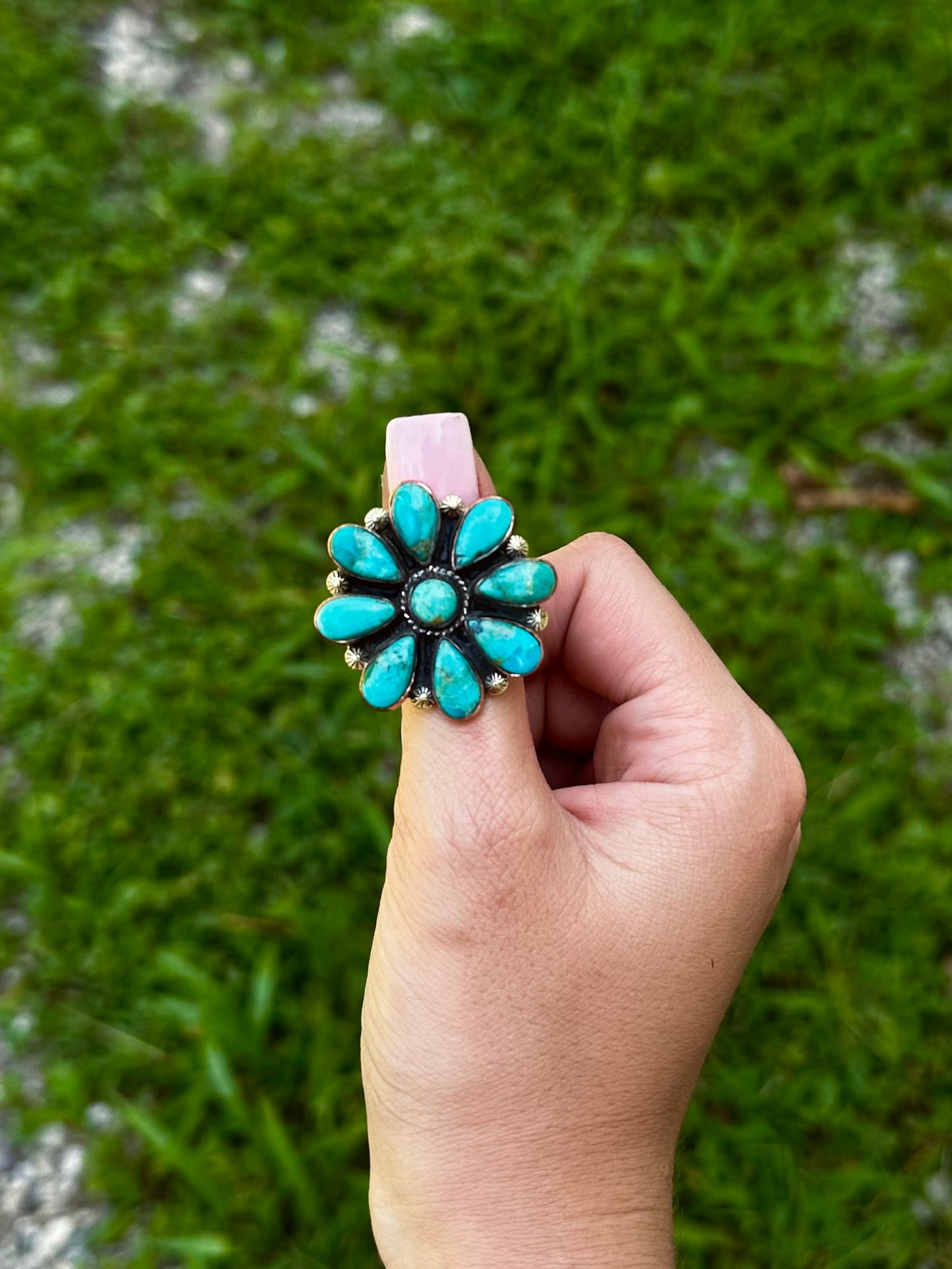 Adjustable Kingman copper flower ring