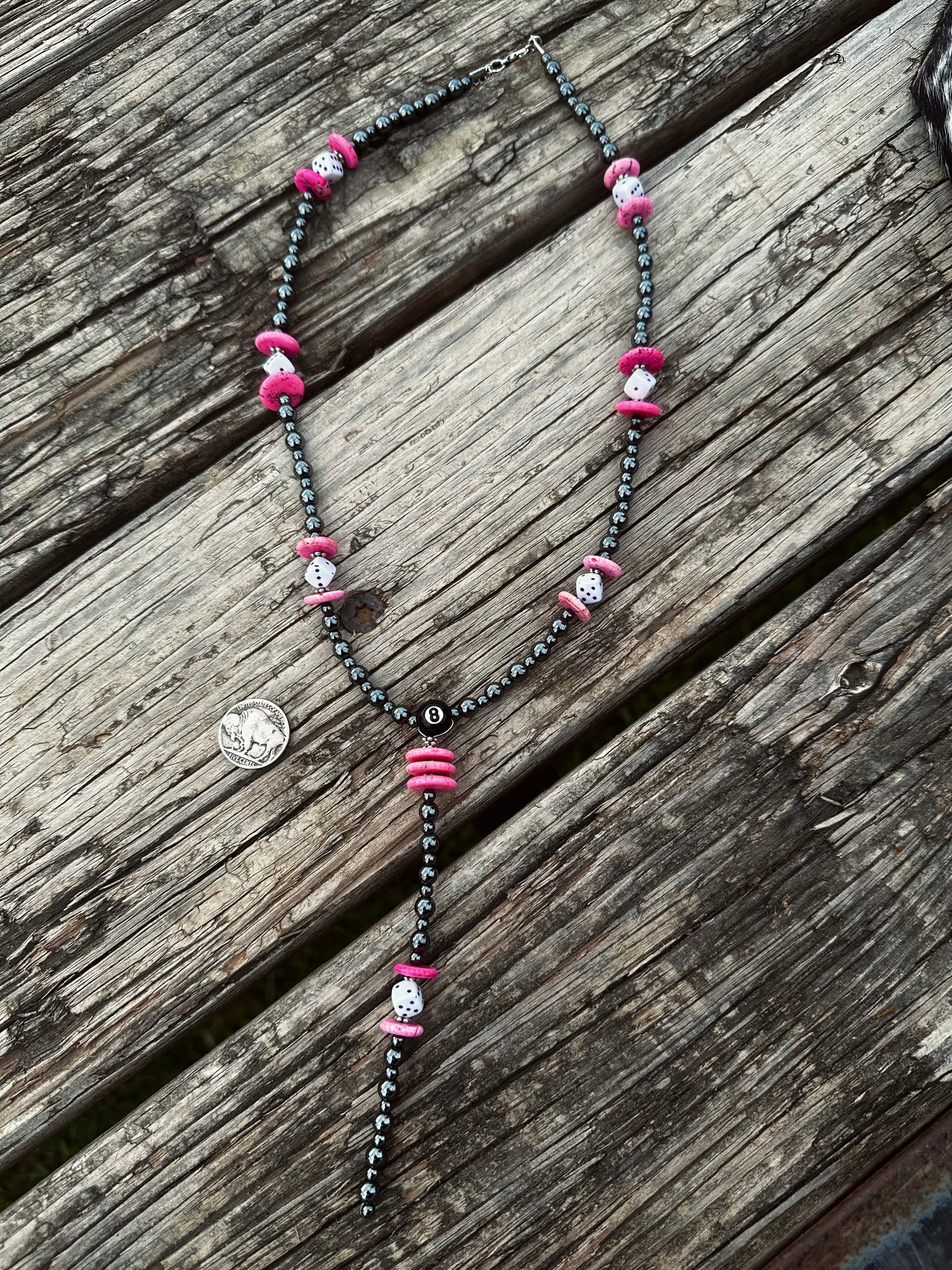 Pink 8 ball & dice lariat necklace