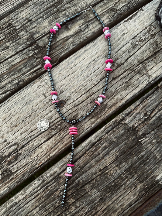 Pink 8 ball & dice lariat necklace