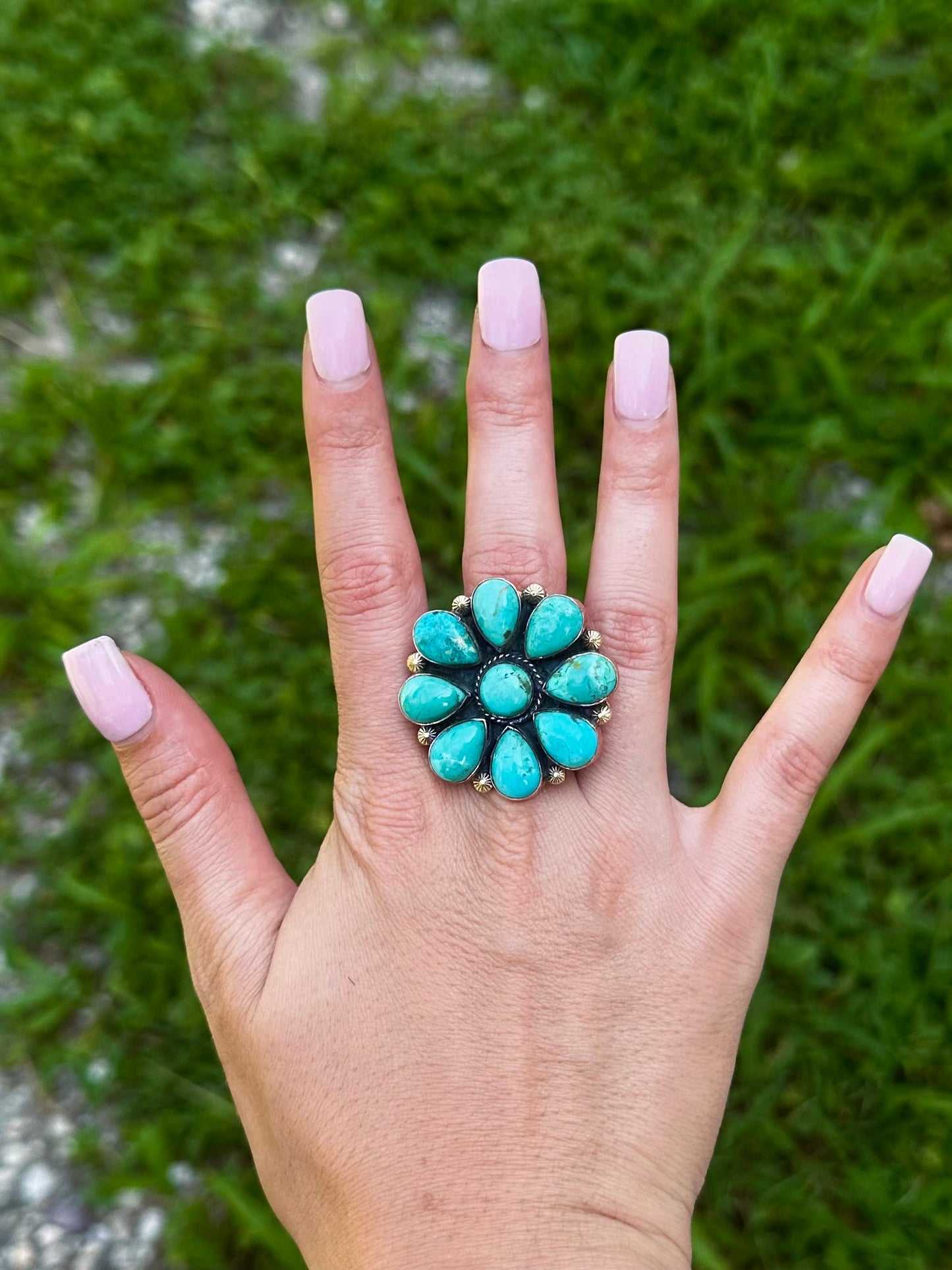 Adjustable Kingman copper flower ring