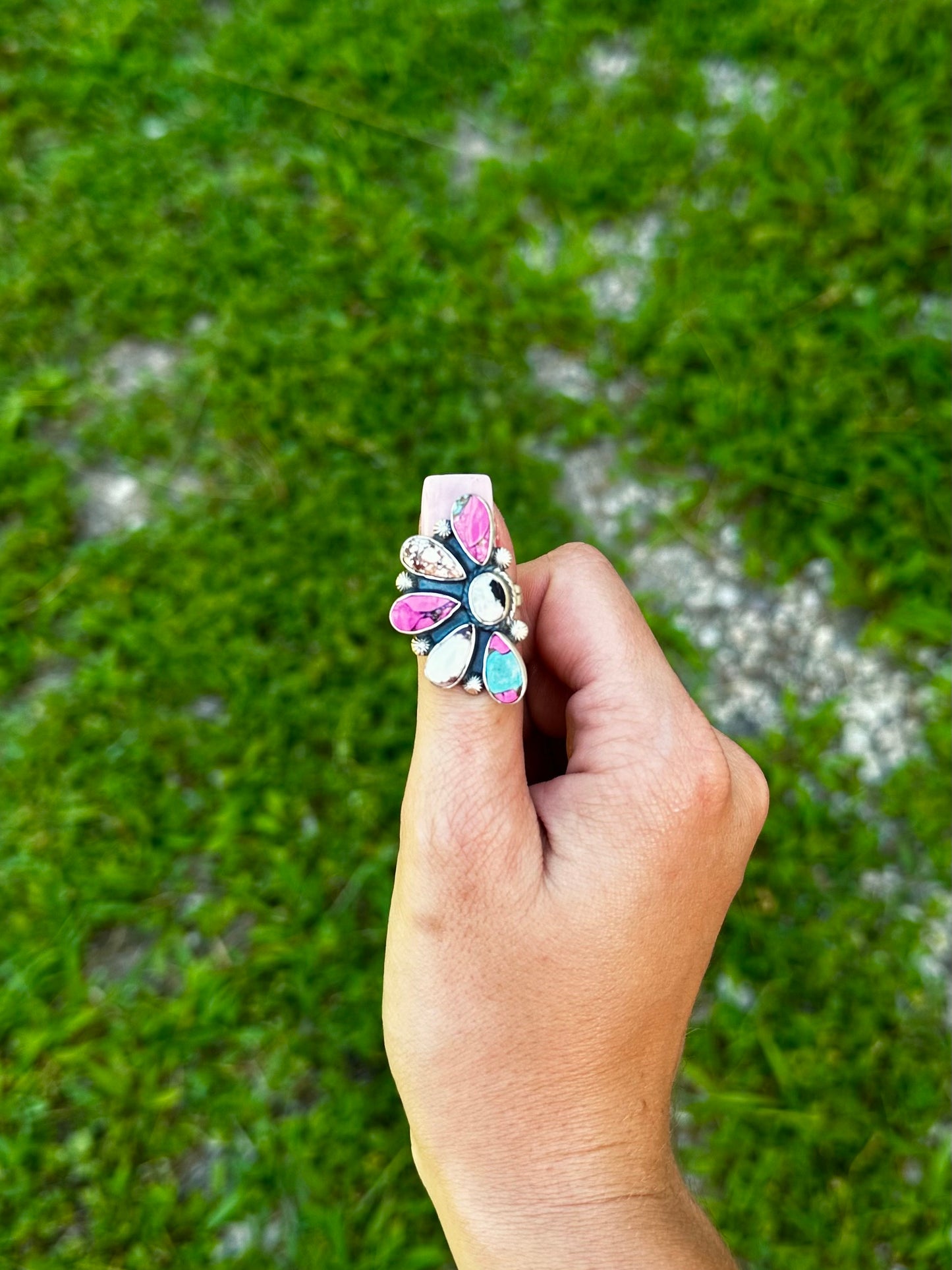 Adjustable cotton, candy, wild horse, and white buffalo ring