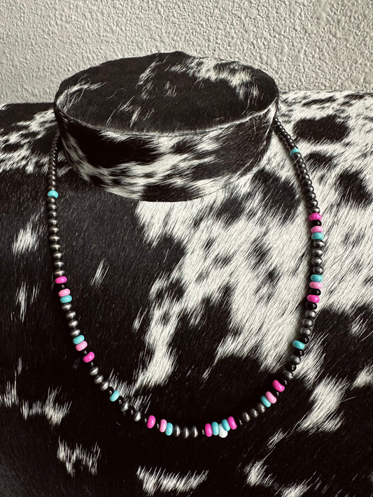 Pink & blue bead necklace
