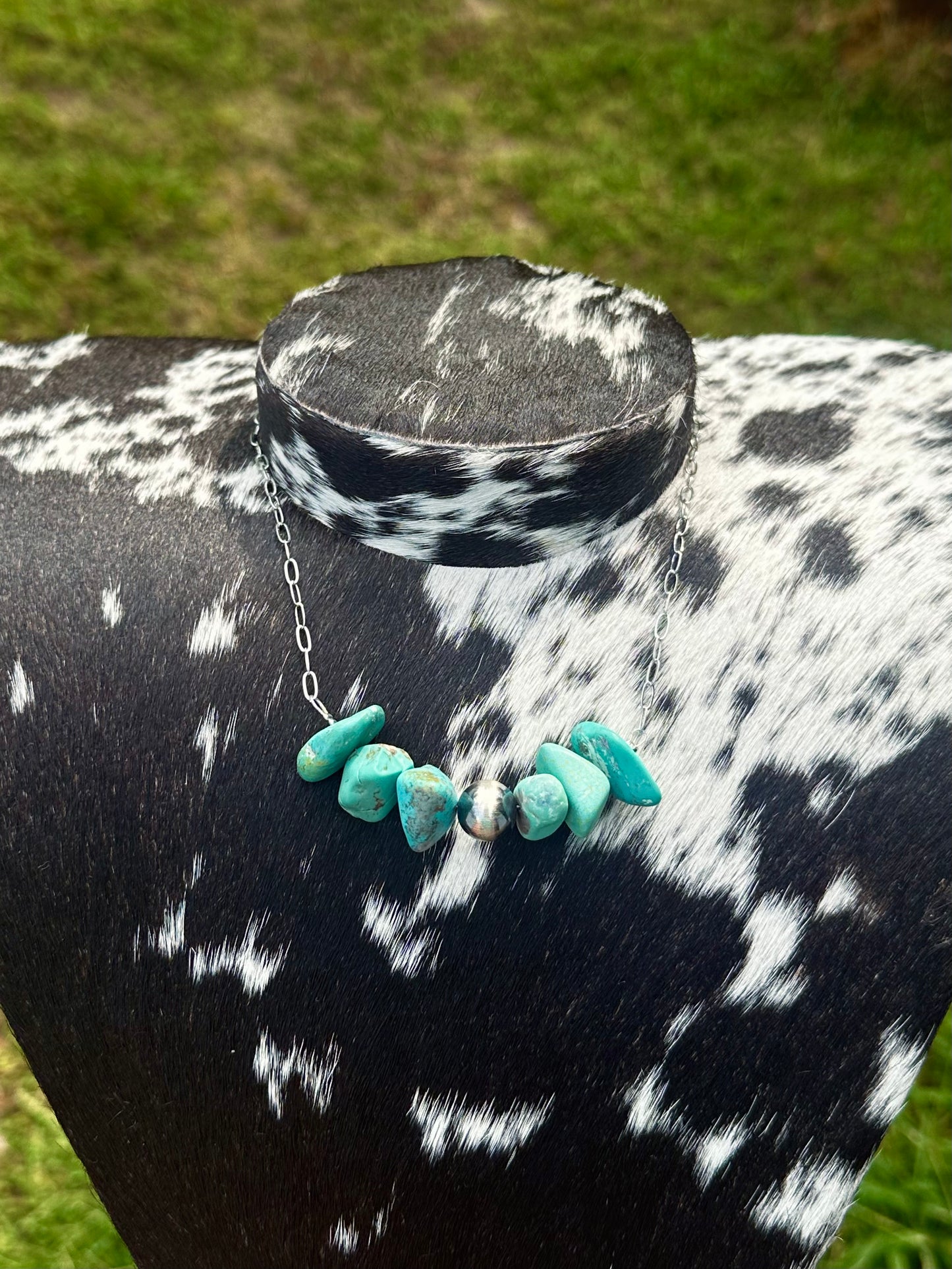 Chunky Turquoise & Sterling Silver Pearl Paperclip Necklace