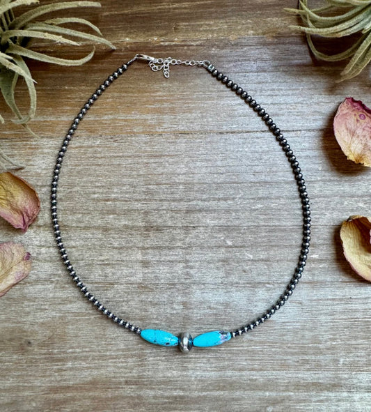 15-Inch Sterling Silver Pearl & Blue Turquoise Torpedo Choker