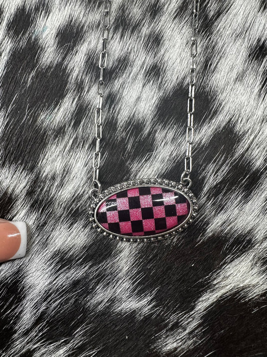 Checkered pink oval necklace
