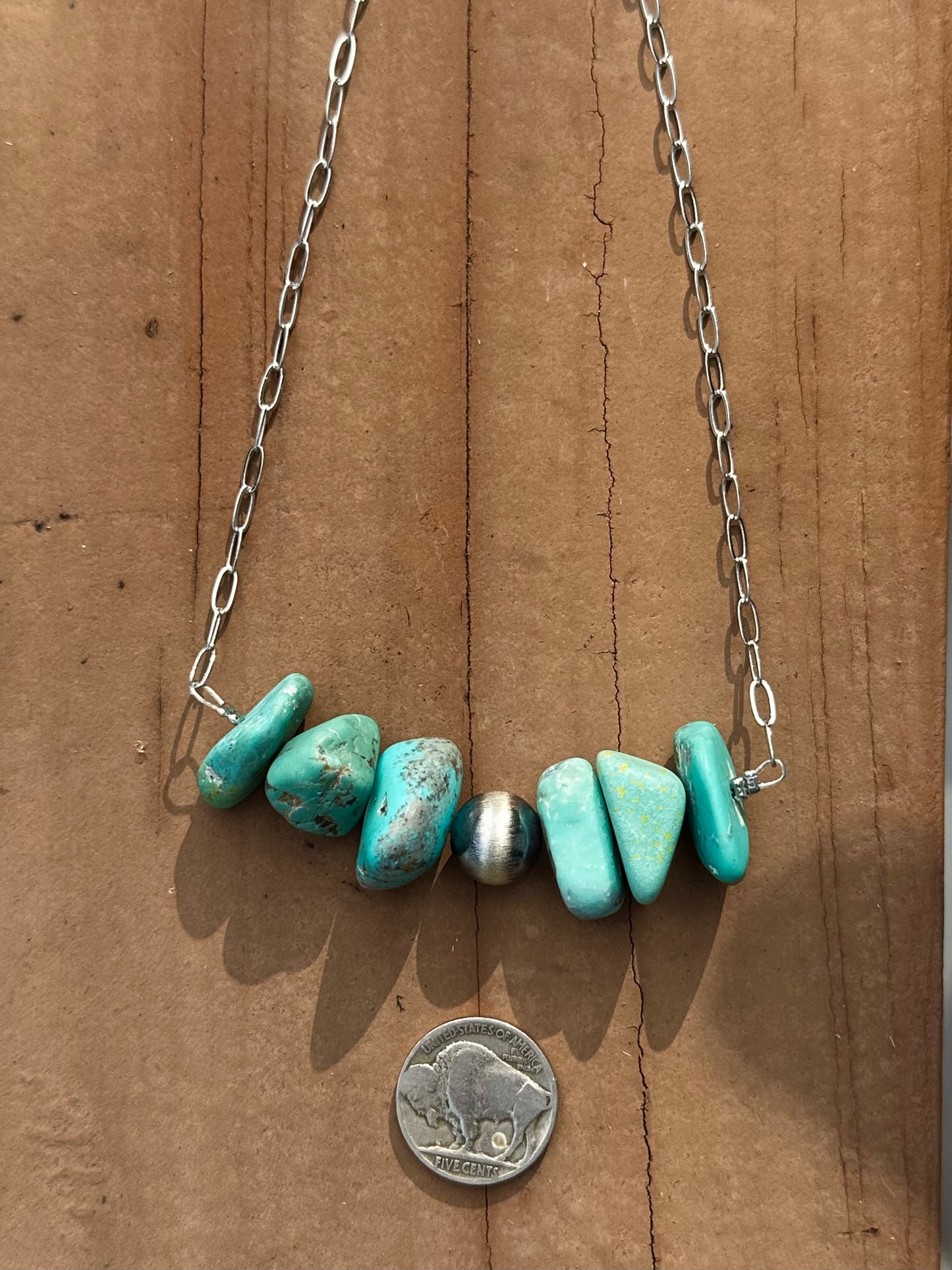 Chunky Turquoise & Sterling Silver Pearl Paperclip Necklace