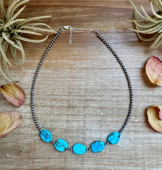 15-Inch Flat Blue Turquoise & Sterling Silver Pearl Choker