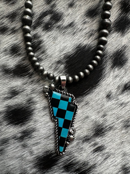 Blue checkered lightning necklace