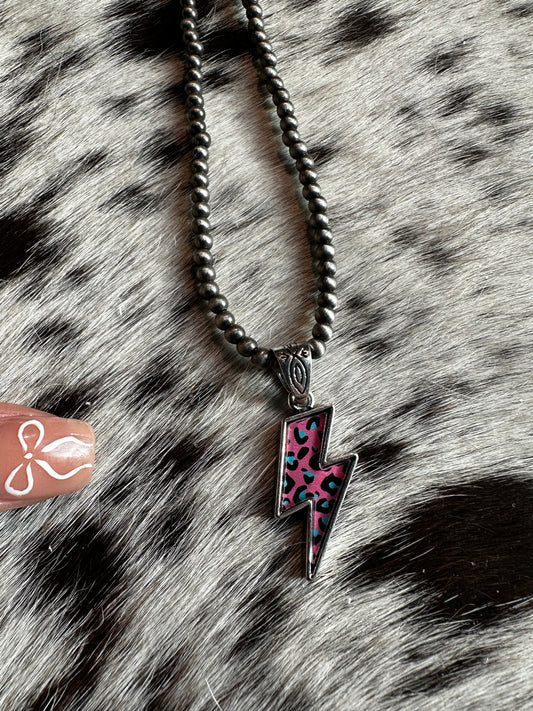 Pink cheetah lightning necklace